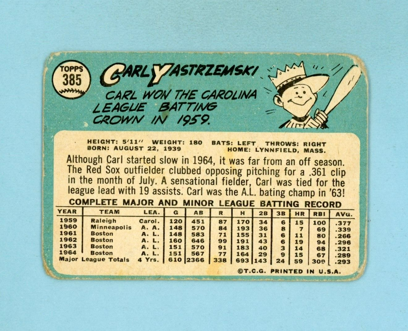 1965 Topps #385 Carl Yastrzemski Boston Red Sox Baseball Card Low Grade