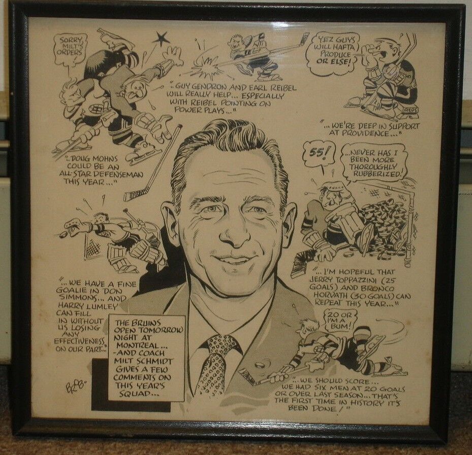 1958-59 Boston Bruins Original Artwork by BROB depicting Coach Milt Schmidt 