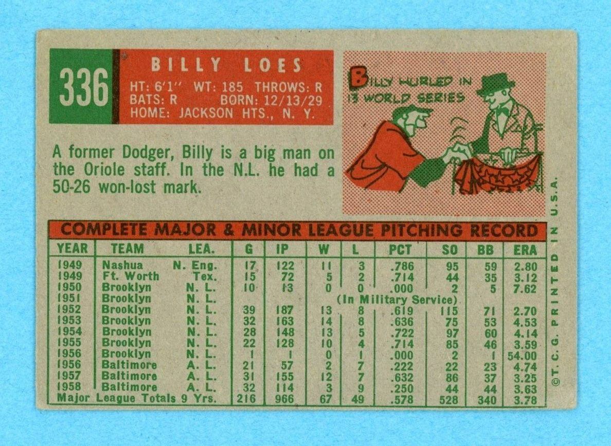 1959 Topps #336 Billy Loes Baltimore Orioles Baseball Card Vg/Ex