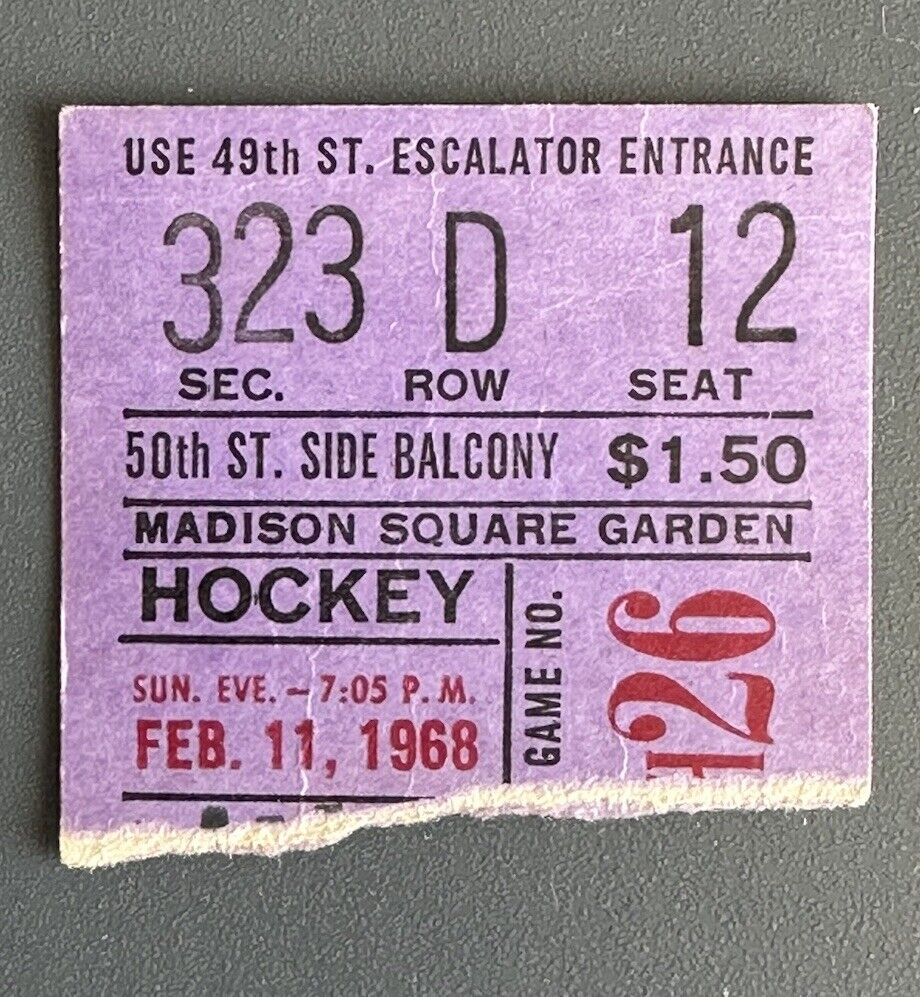 Feb 11, 1968 NY Rangers Ticket Stub vs Red Wings - Last Hockey Game at old MSG