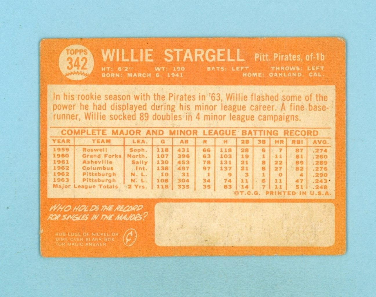 1964 Topps #342 Willie Stargell Pittsburgh Pirates Baseball Card VG ls w/c lse