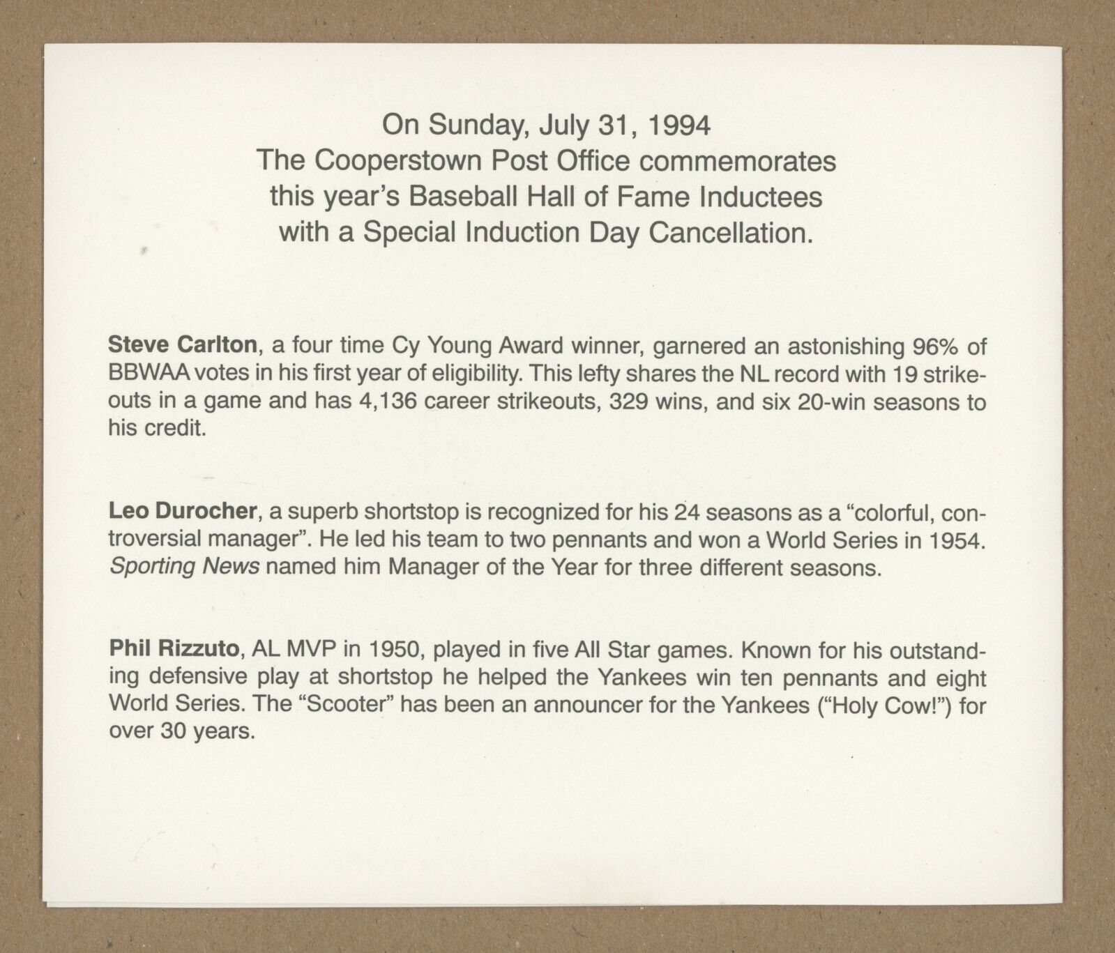 Steve Carlton & Phil Rizzuto Signed 1994 HOF Induction Day Cancellation PSA 