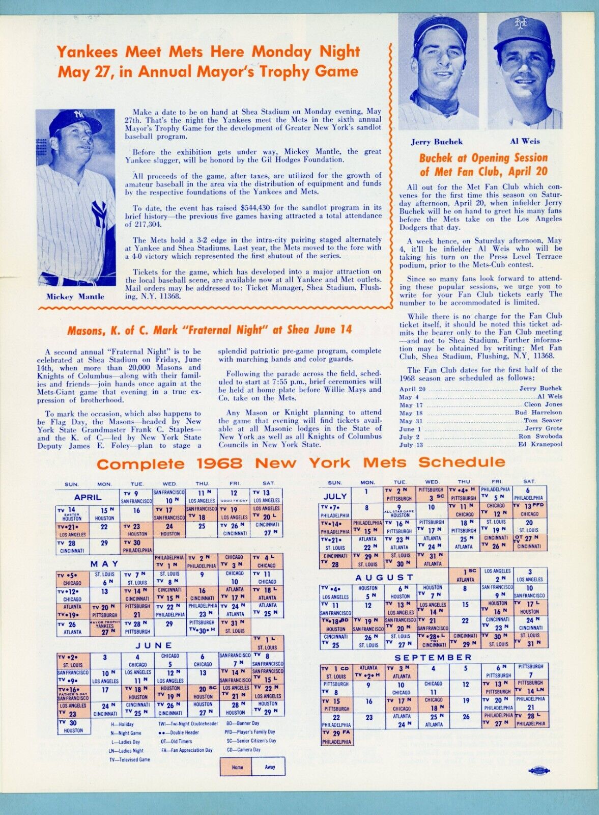 April 1968 Mets Fan-Fare Official New York Mets Newsletter