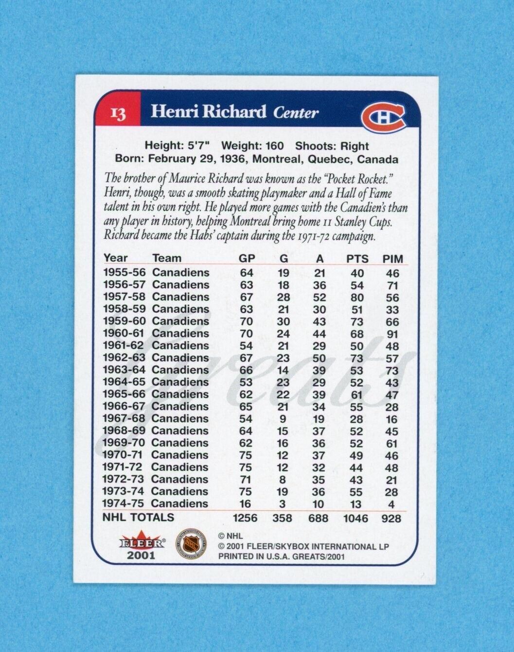 Henri Richard Signed 2001 Fleer Greats of the Game Card #13 with B&E Hologram