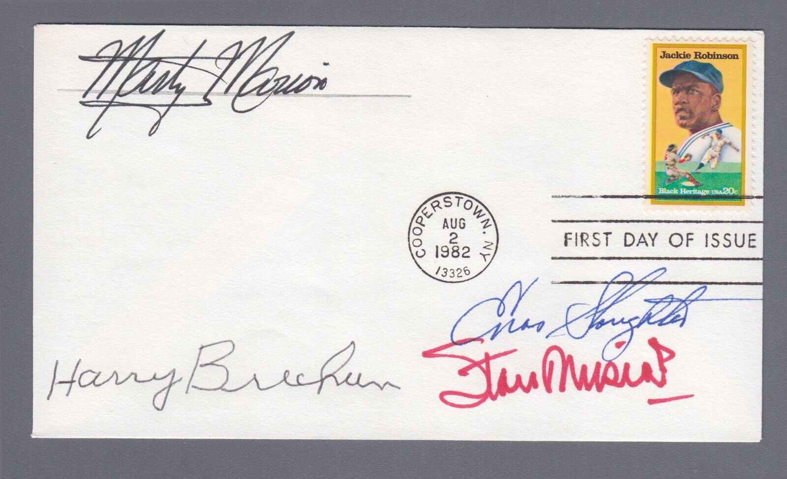 Signed FDC 8/2/82 Cachet Musial, Slaughter, Marion, Brecheen Autos B&E Hologram