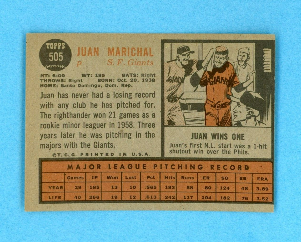 1962 Topps #505 Juan Marichal San Francisco Giants Baseball Card Ex-Ex+ o/c