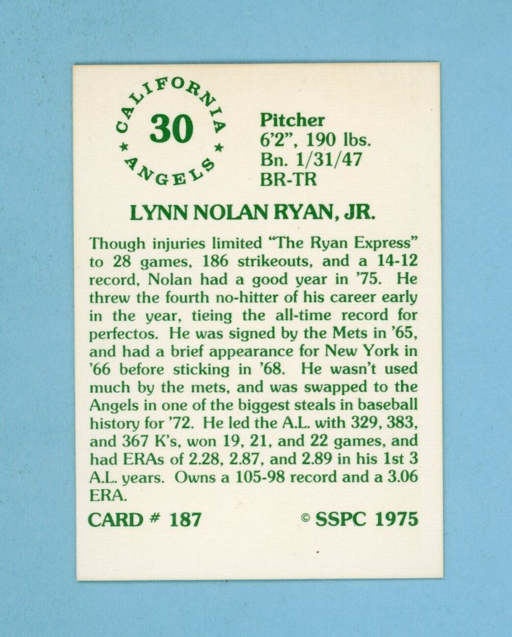 1975 SSPC #187 Nolan Ryan California Angels Baseball Card NM