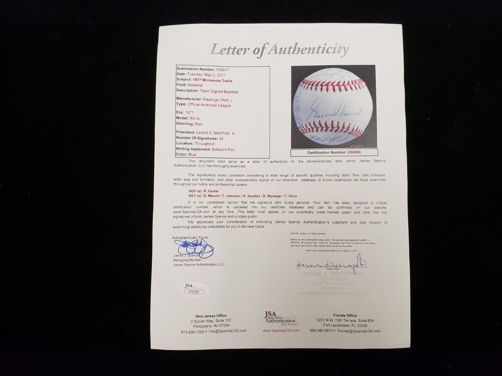 1977 Minnesota Twins Autographed Baseball - 24 Signatures - JSA LOA