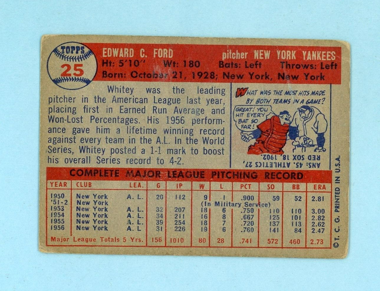 1957 Topps #25 Whitey Ford New York Yankees Baseball Card VG app lht wrks/cres