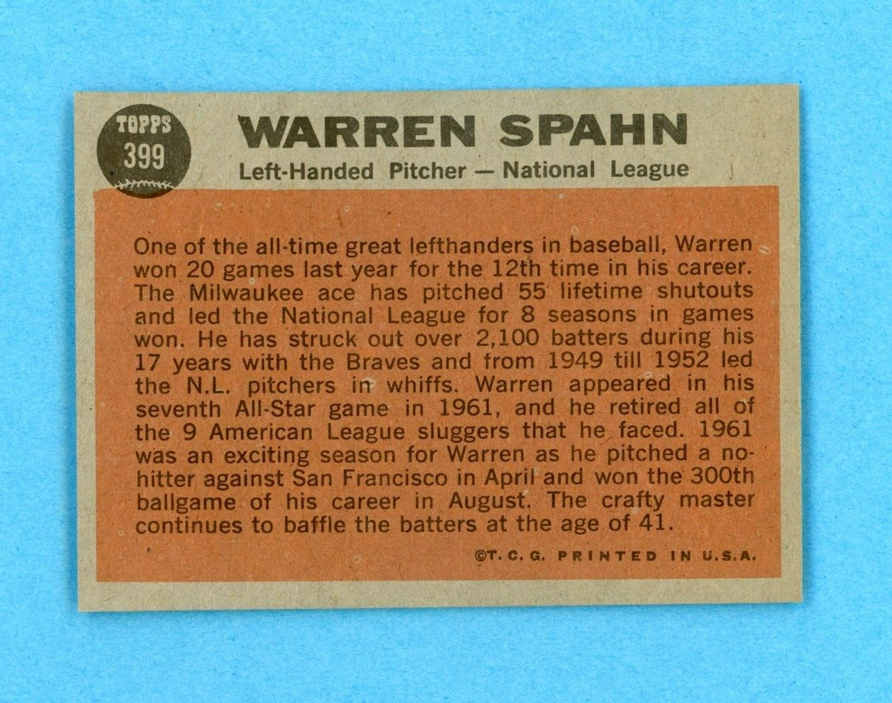 1962 Topps #399 Warren Spahn All-Star Milwaukee Braves Baseball Card NM