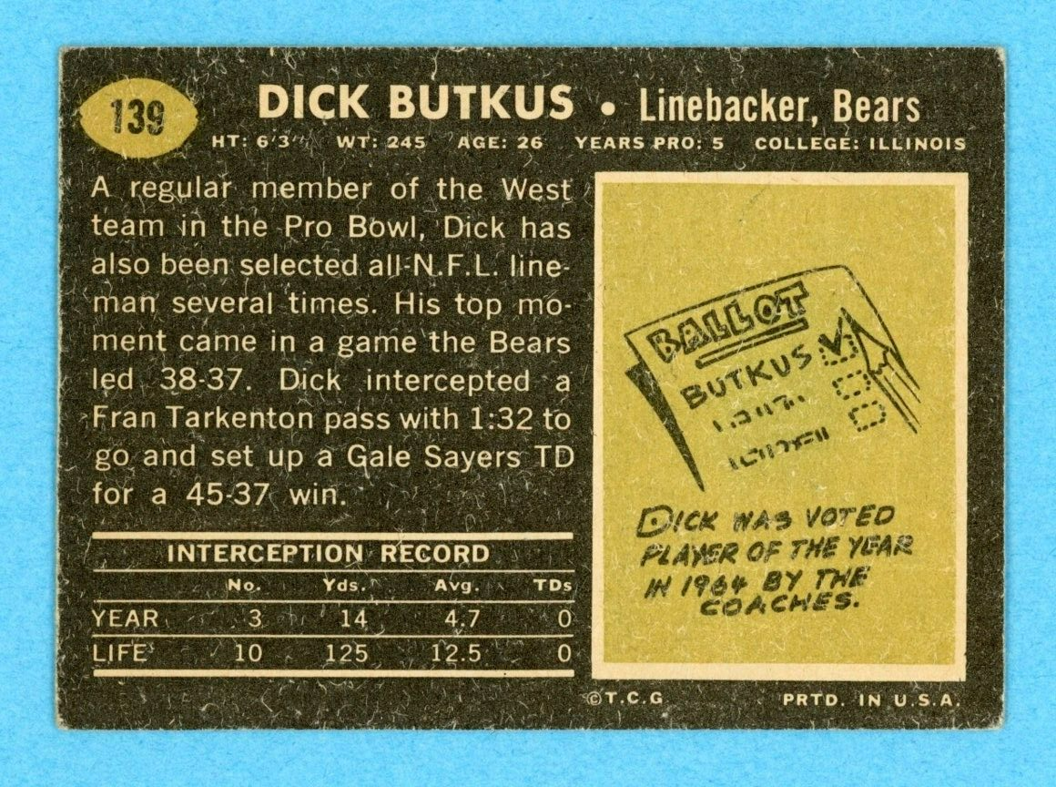 1969 Topps #139 Dick Butkus Chicago Bears Football Card EX wrk rse