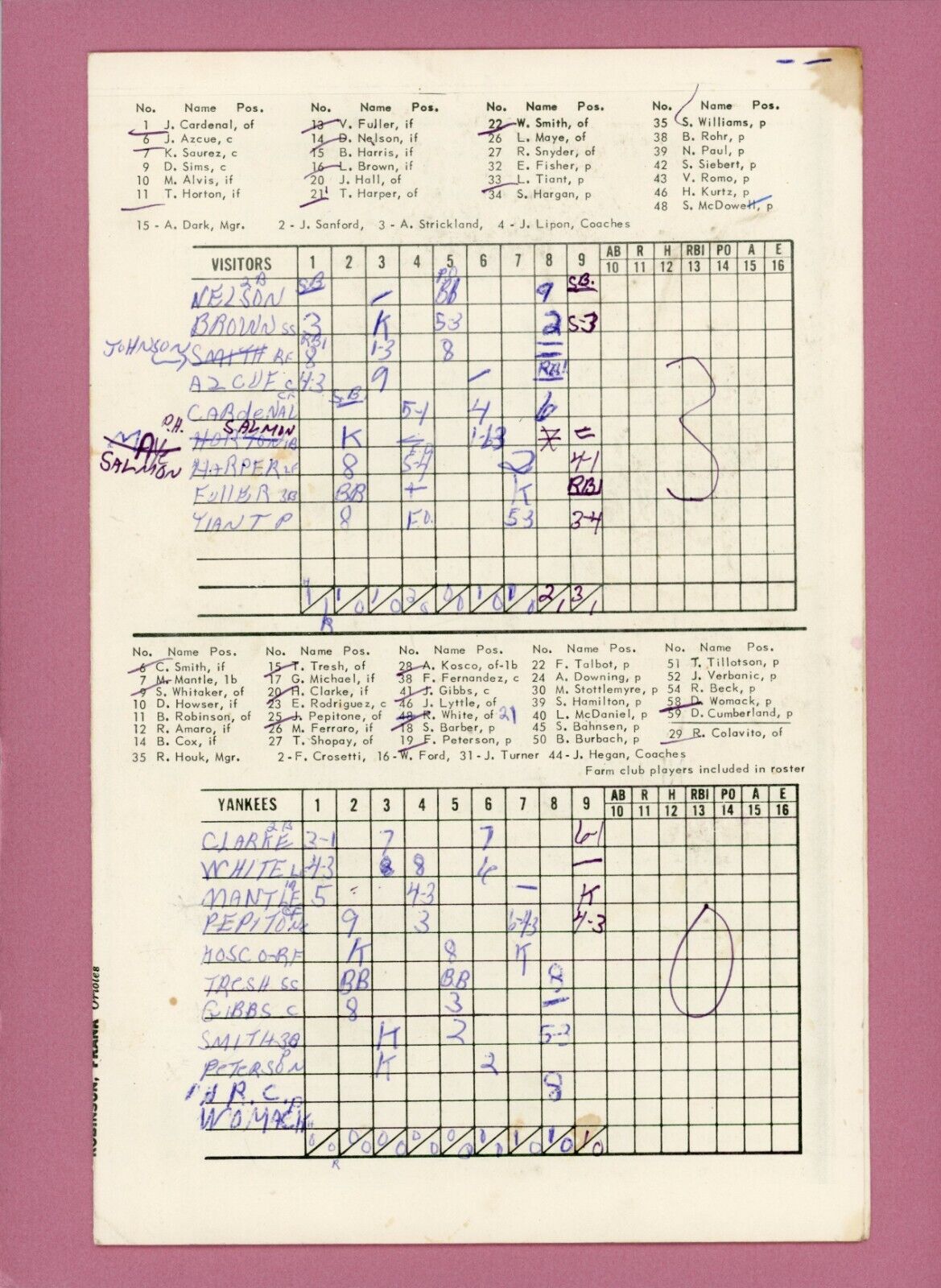 July 20, 1968 Program/Scorecard Cleveland Indians vs New York Yankees Luis Tiant