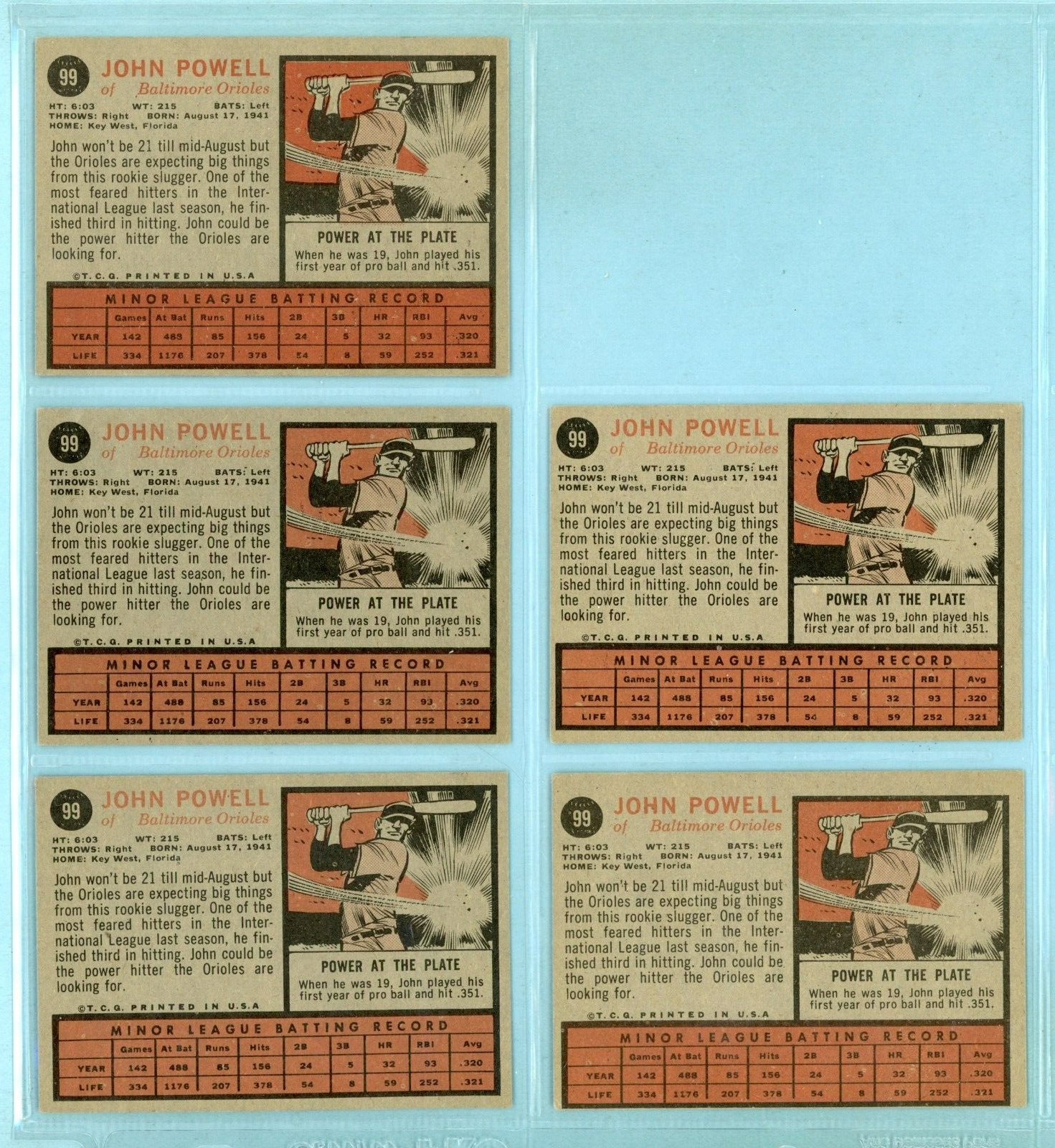 1962 Topps #99 Boog Powell Rookie Lot of 5 Baseball Cards V/E - EX+