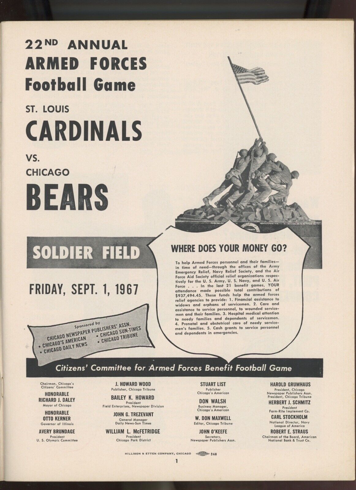 9/1/67 Chicago Bears vs St. Louis Cardinals • Armed Forces Benefit Game Program