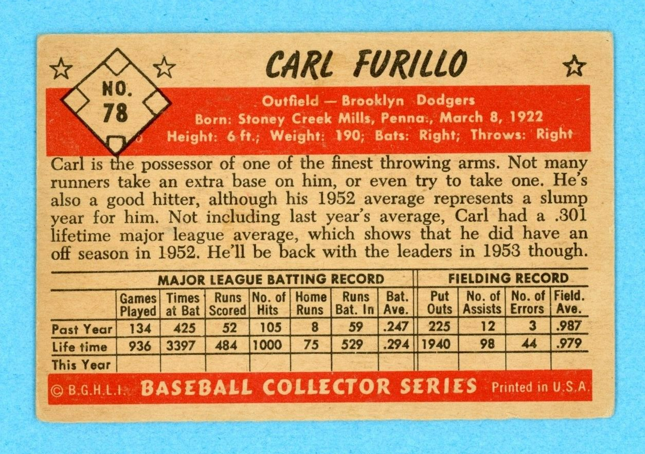 1953 Bowman Color #78 Carl Furillo Brooklyn Dodgers Baseball Card V/E ap wrk ab