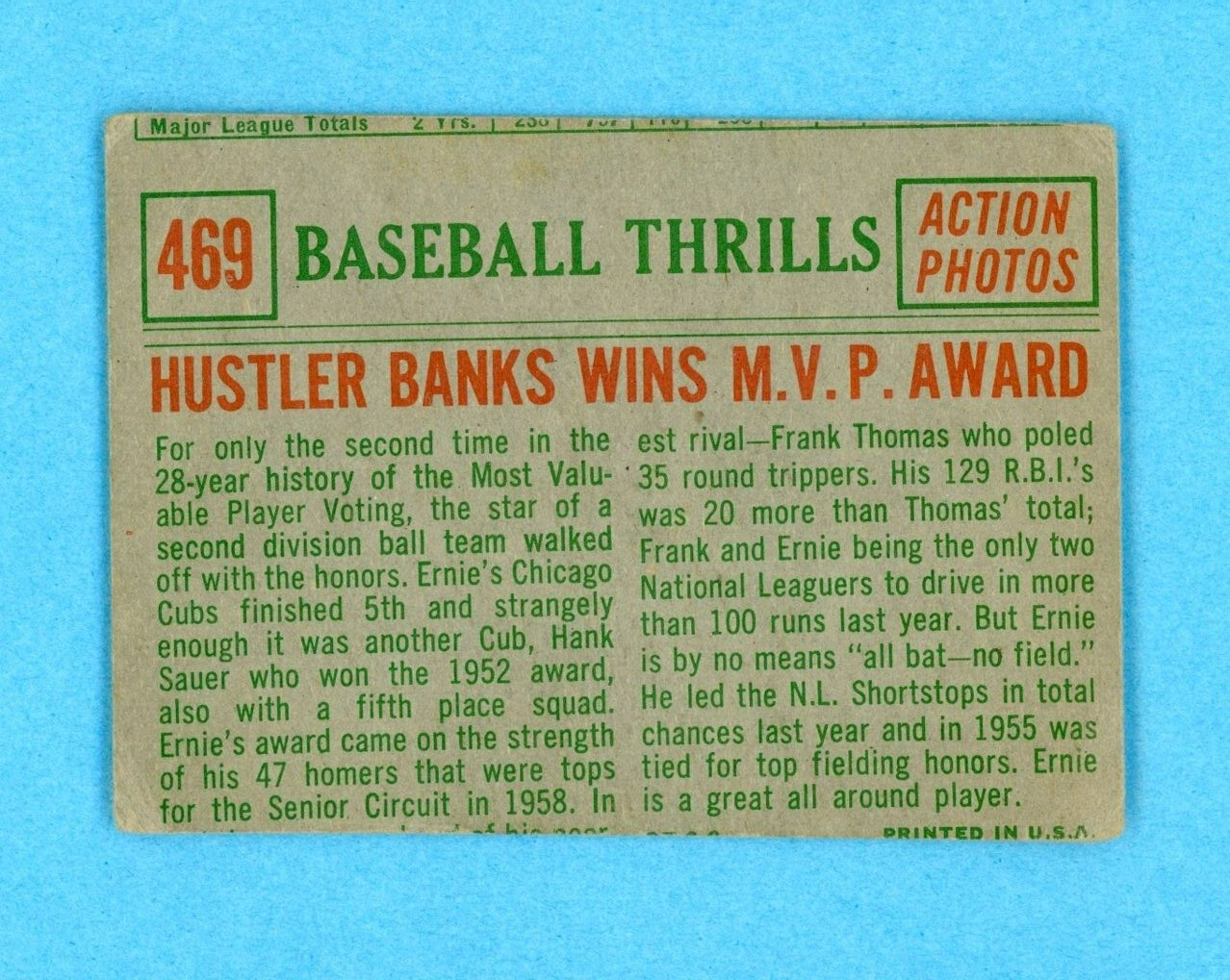 1959 Topps #469 Baseball Thrills Ernie Banks Cubs Baseball Card Low Grade