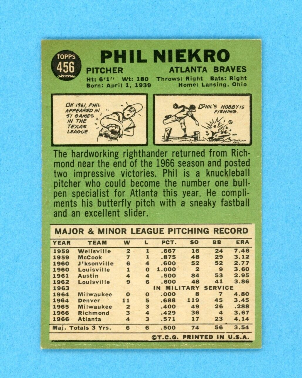 1967 Topps #456 Phil Niekro Atlanta Braves Baseball Card EX+ - EX++