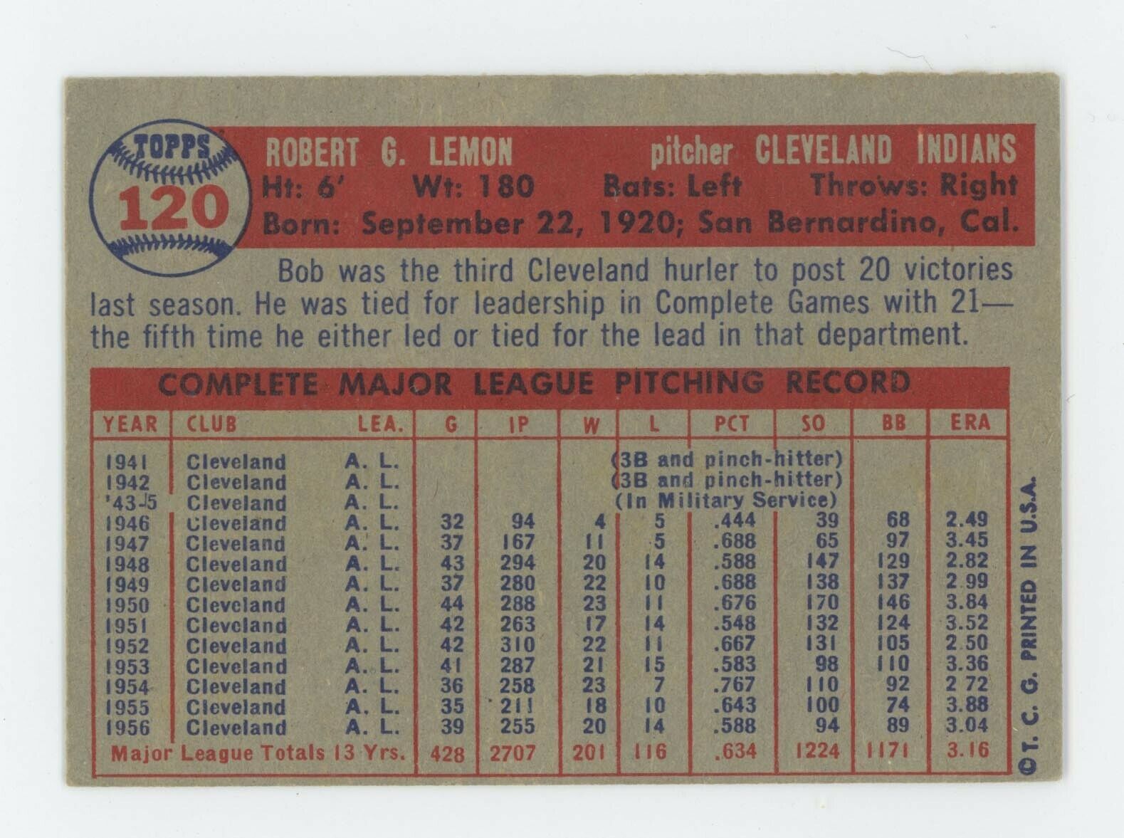 1957 Topps #120 Bob Lemon Cleveland Indians Baseball Card EX+