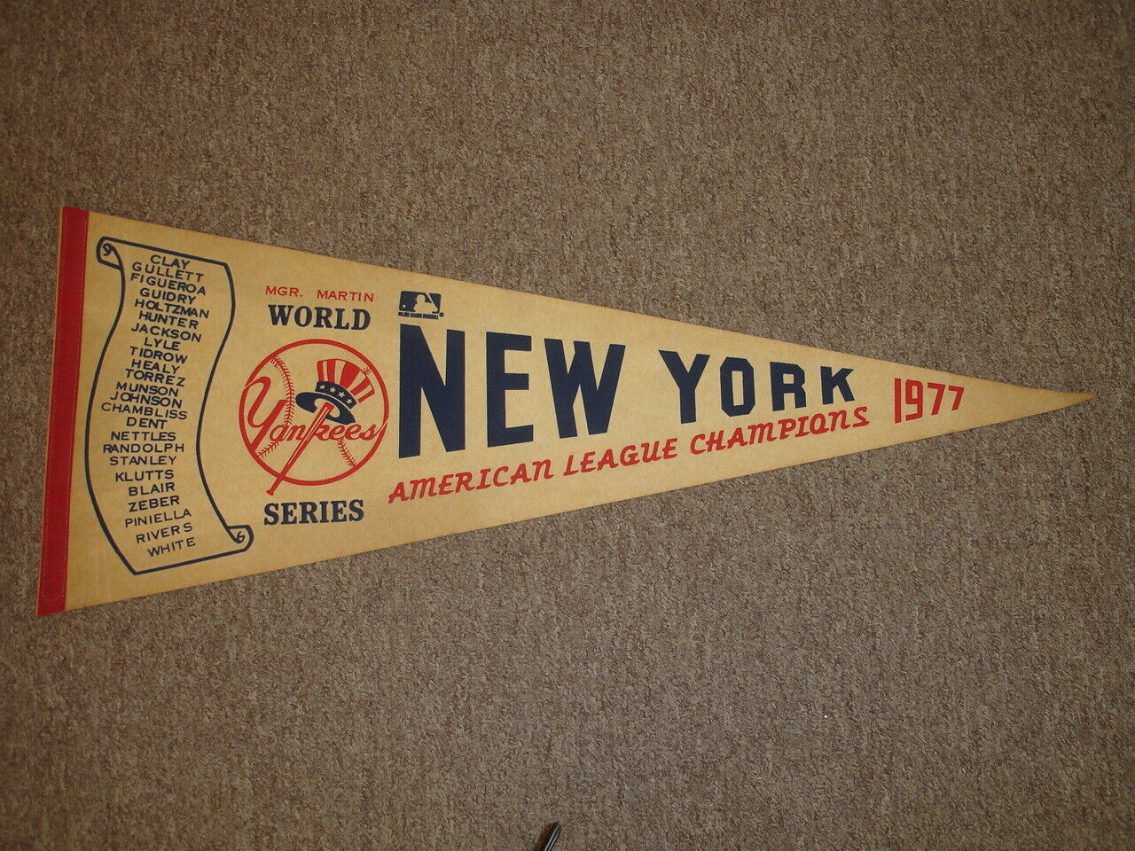 Vintage 1977 New York Yankees World Champions Full Size 30" Scroll Pennant