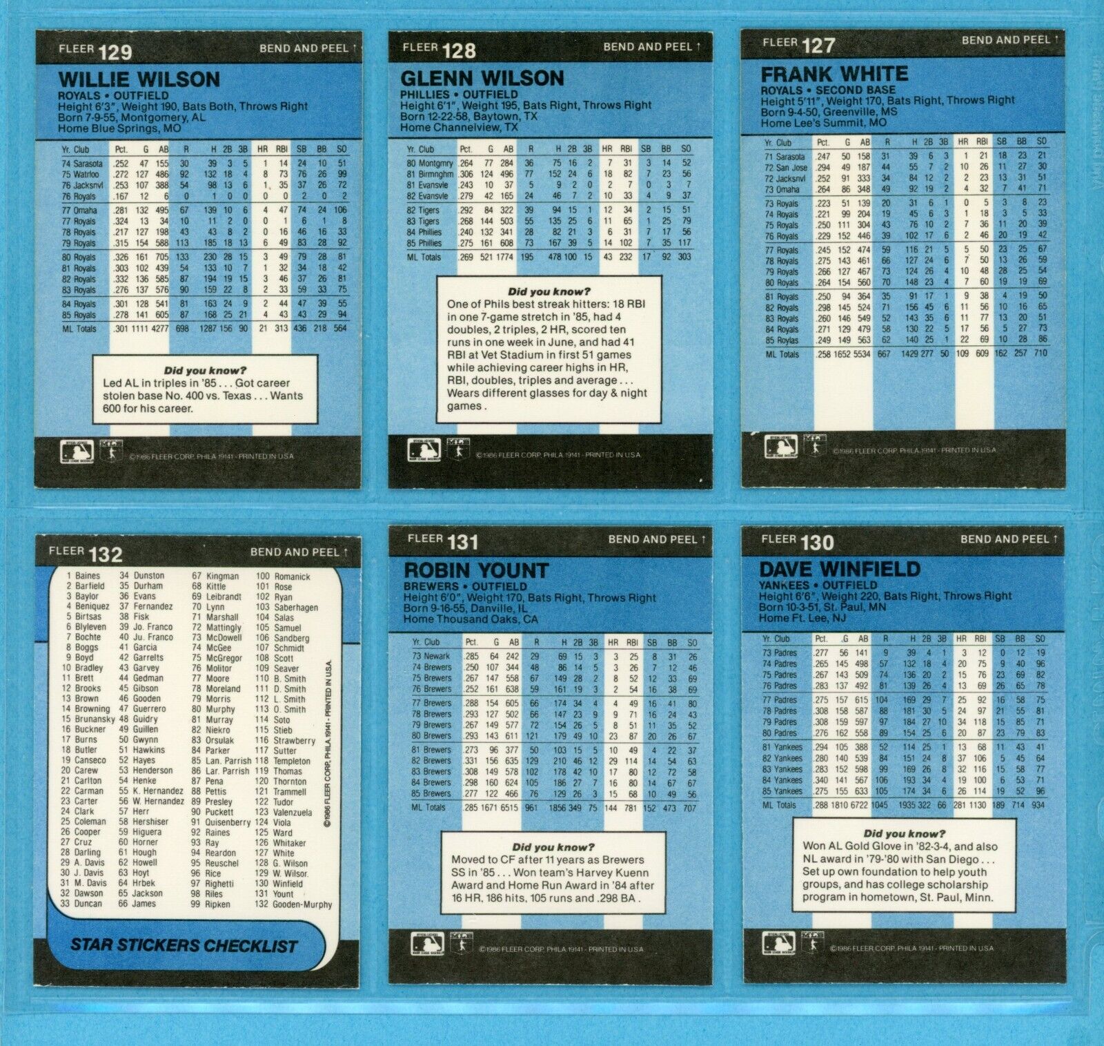 1986 Fleer Star Stickers Complete Set of 132 Baseball Cards NM