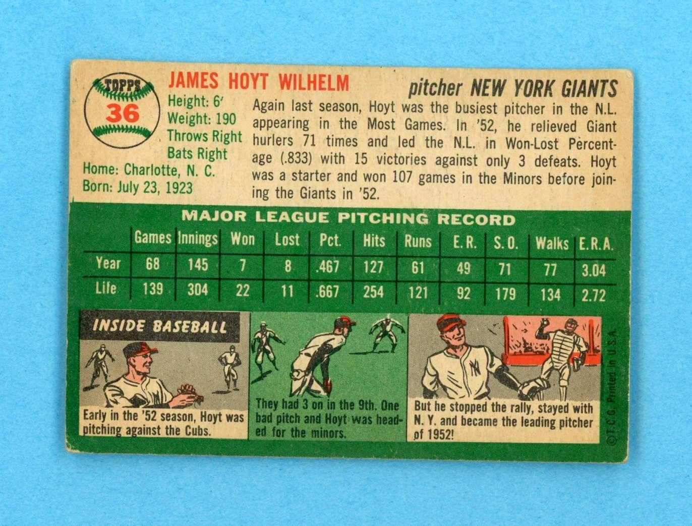 1954 Topps #36 Hoyt Wilhelm New York Giants Baseball Card Vg-Vg+