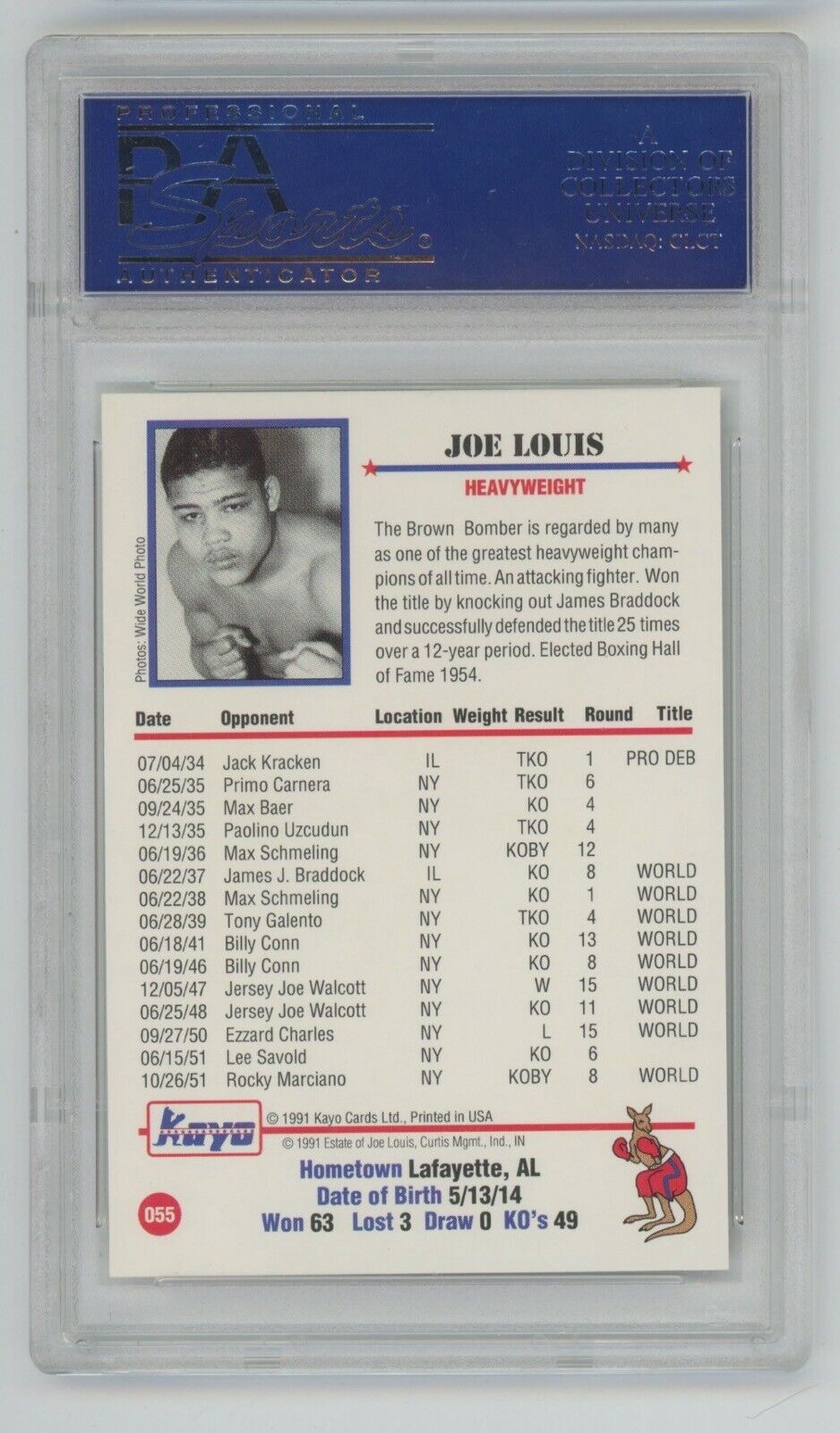 1991 Kayo Boxing Joe Louis Card #55 • PSA 10 Gem Mint