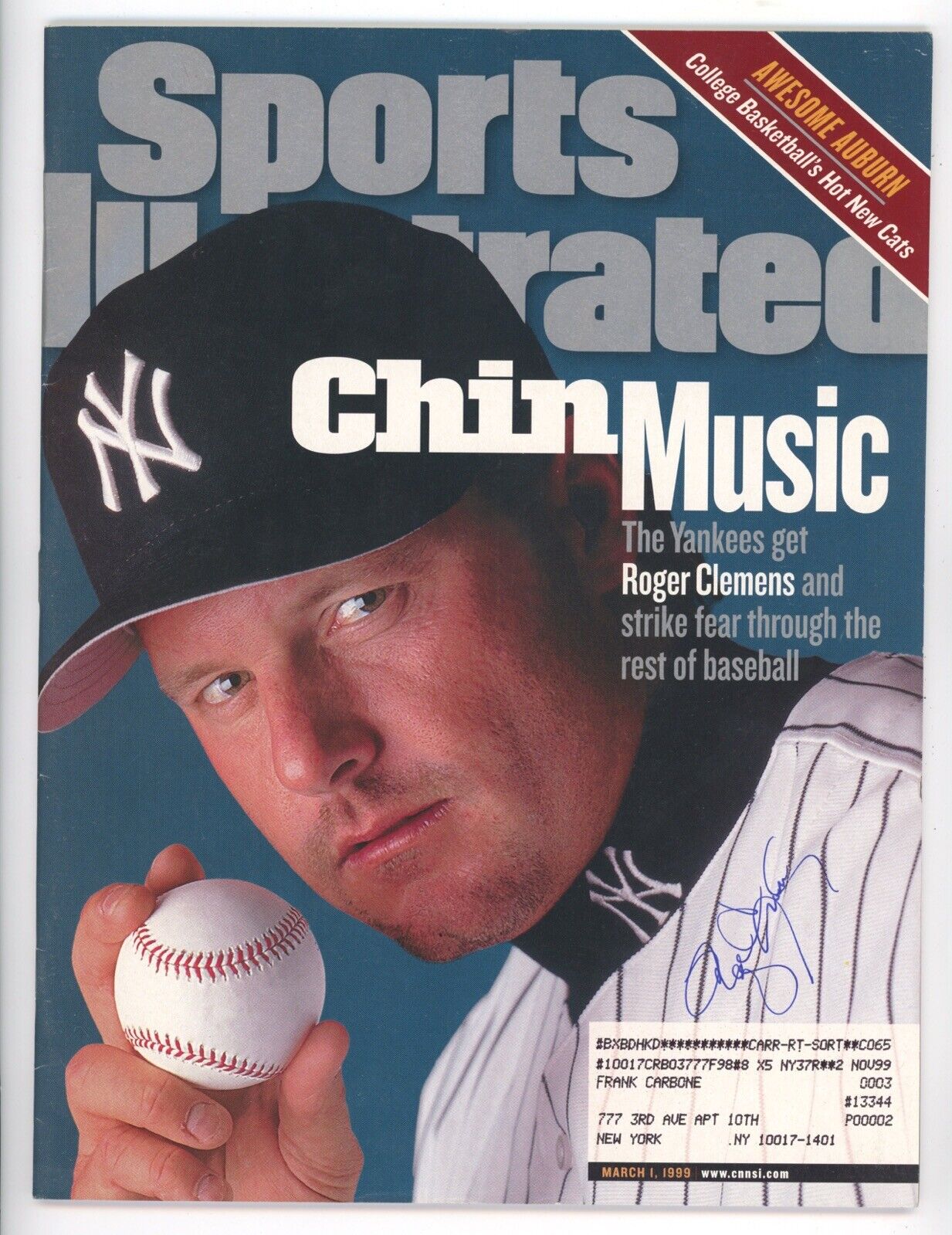 Roger Clemens NY Yankees Signed 3/1/99 Sports Illustrated with B&E Hologram