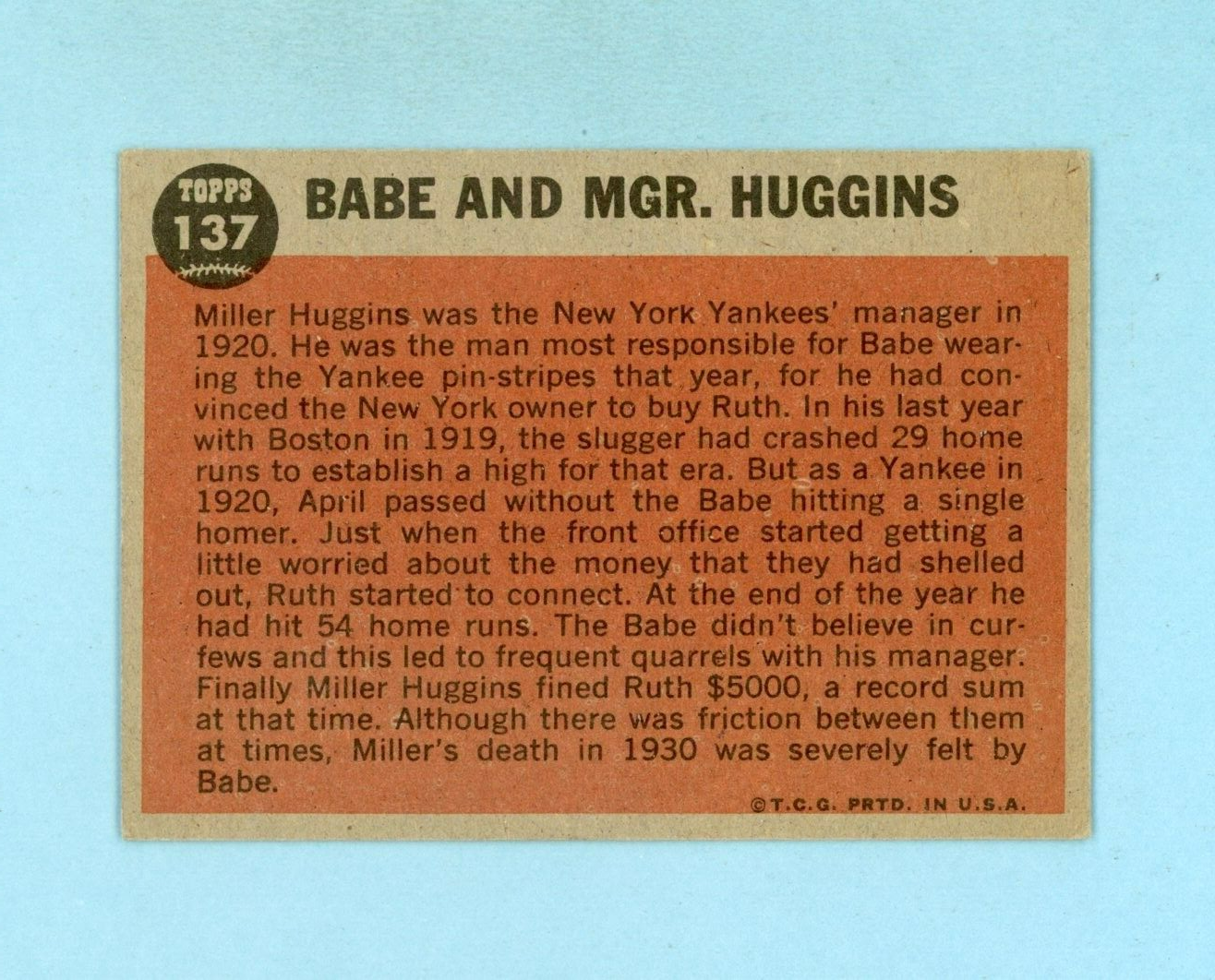 1962 Topps #137 Babe Ruth Special Babe And Mgr. Huggins Baseball Card EX