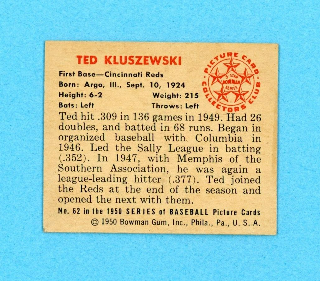 1950 Bowman #62 Ted Kluszewski Cincinnati Reds Baseball Card EX+ - EX++