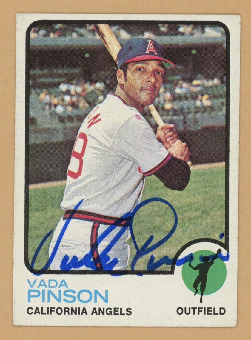 Vada Pinson Signed 1973 Topps Card #75 Auto with B&E Hologram