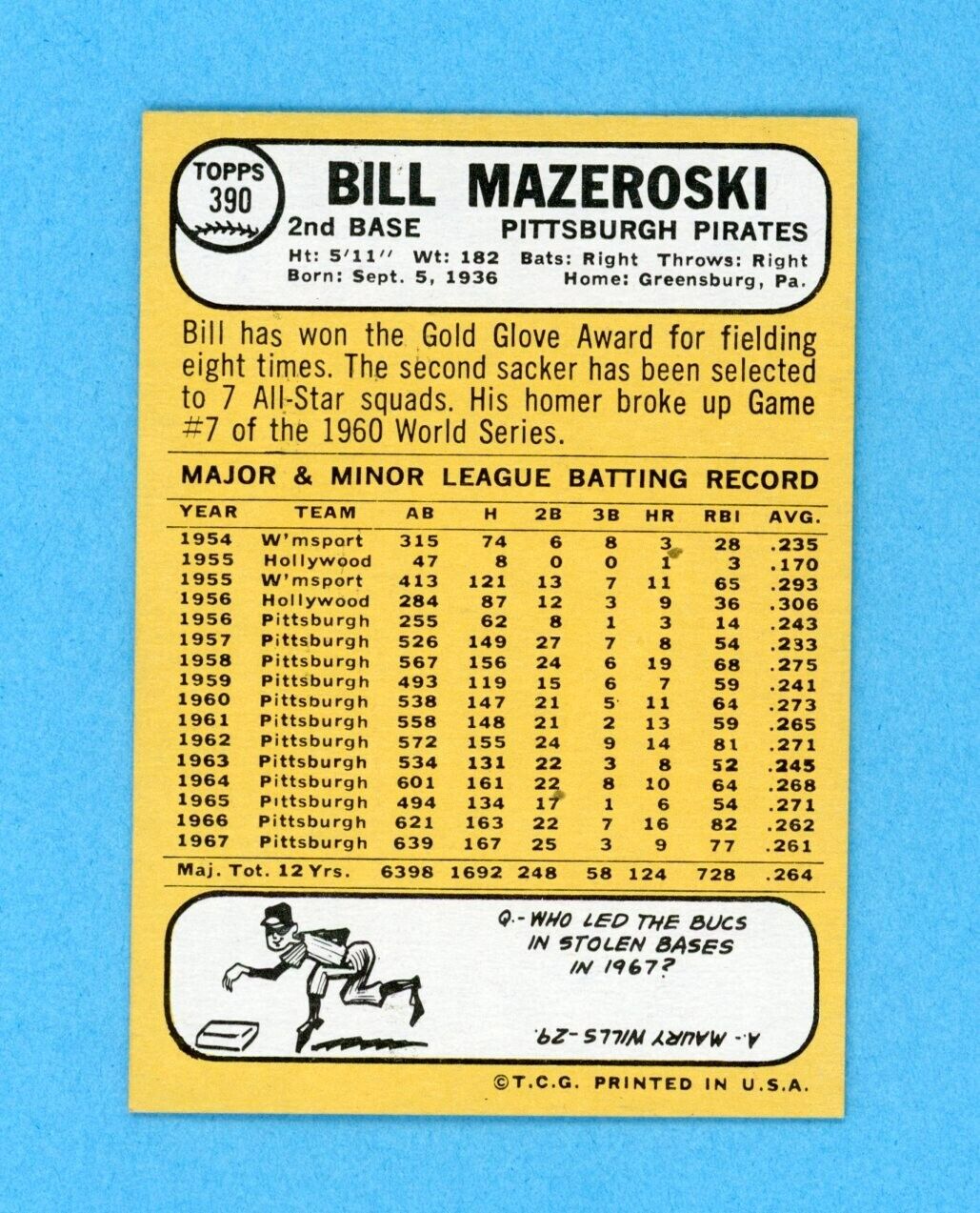 1968 Topps #390 Bill Mazeroski Pittsburgh Pirates Baseball Card NM