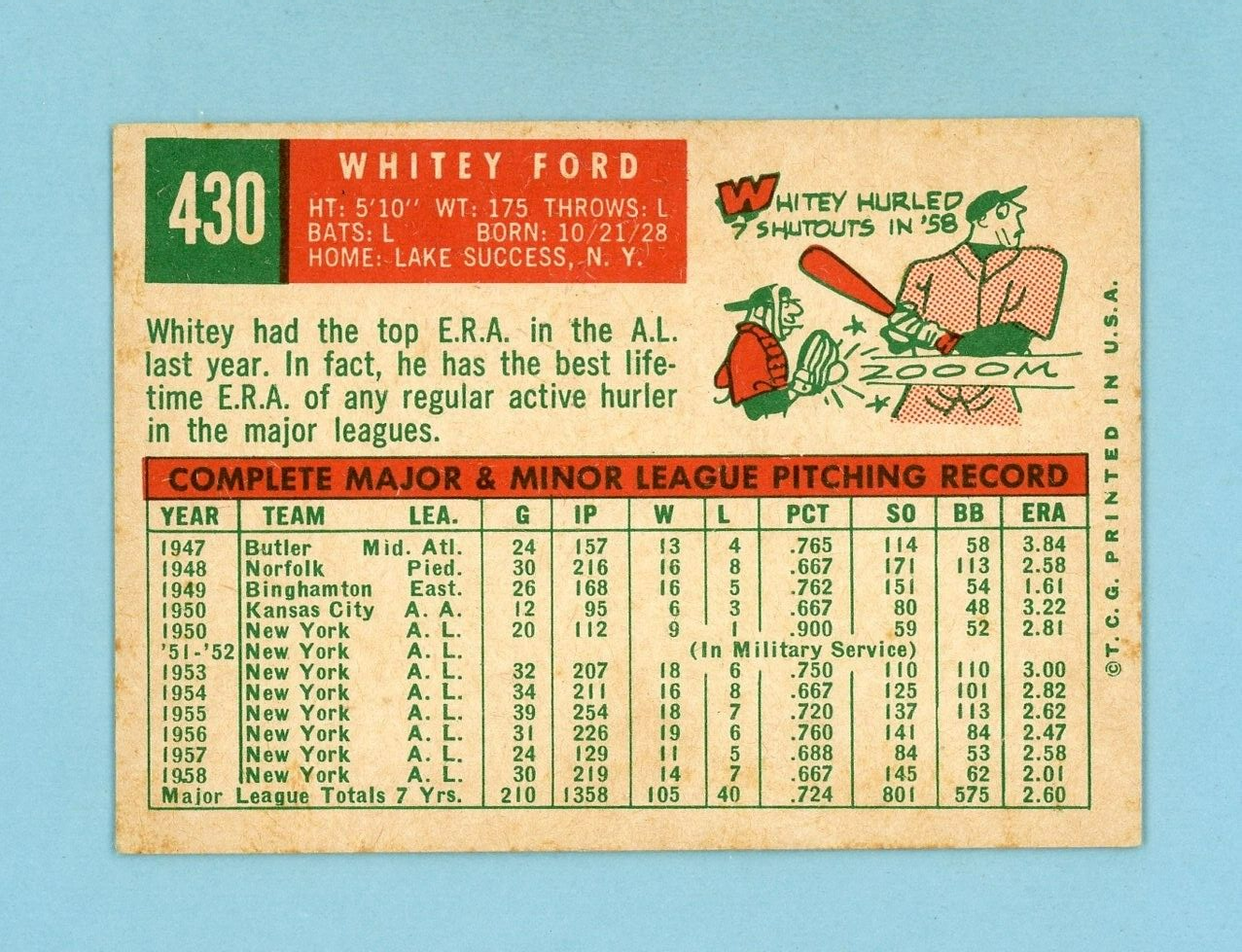 1959 Topps #430 Whitey Ford New York Yankees Baseball Card Ex-Ex+ oc sta/scr