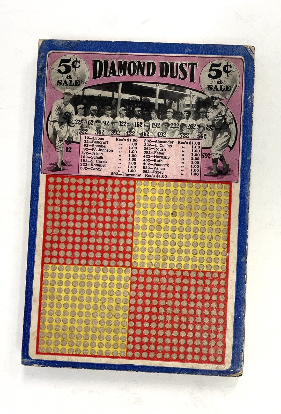 1920s Diamond Dust BB Punchboard Features Hall of Famers Babe Ruth, Hornsby, etc