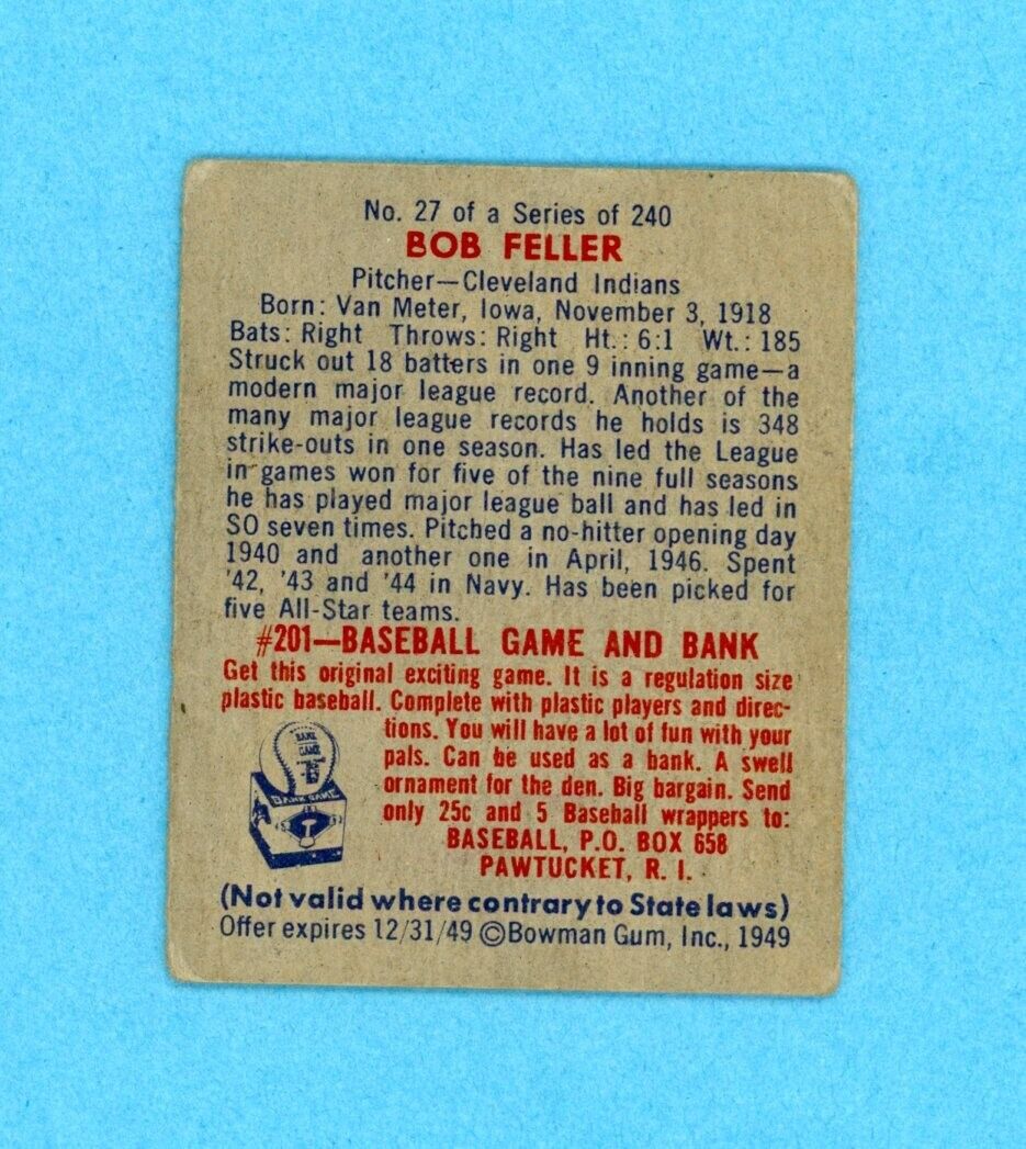 1949 Bowman #27 Bob Feller Cleveland Indians Baseball Card VG few wrks