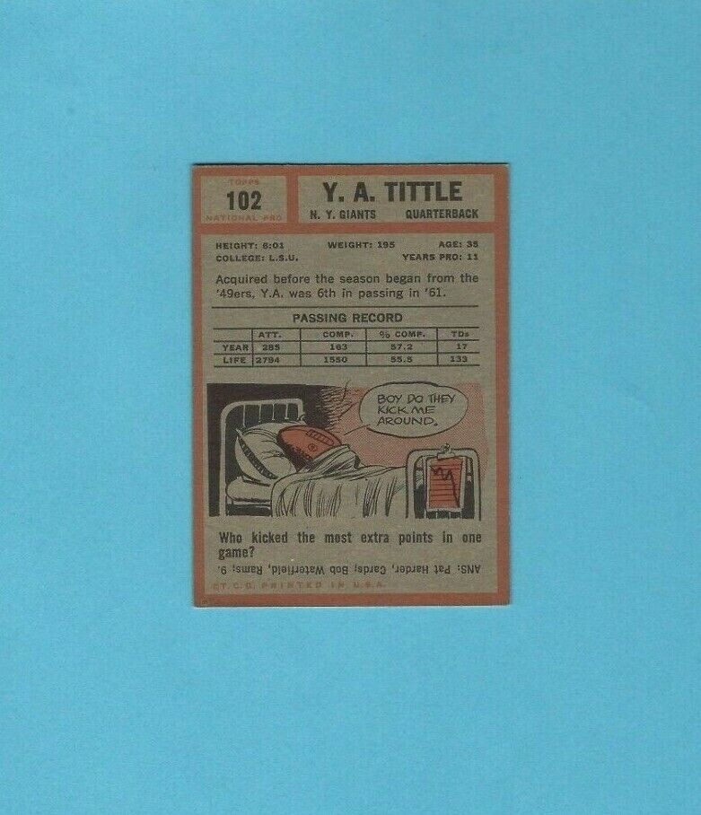 1962 Topps #102 Y A Tittle New York Giants Football Card EX+