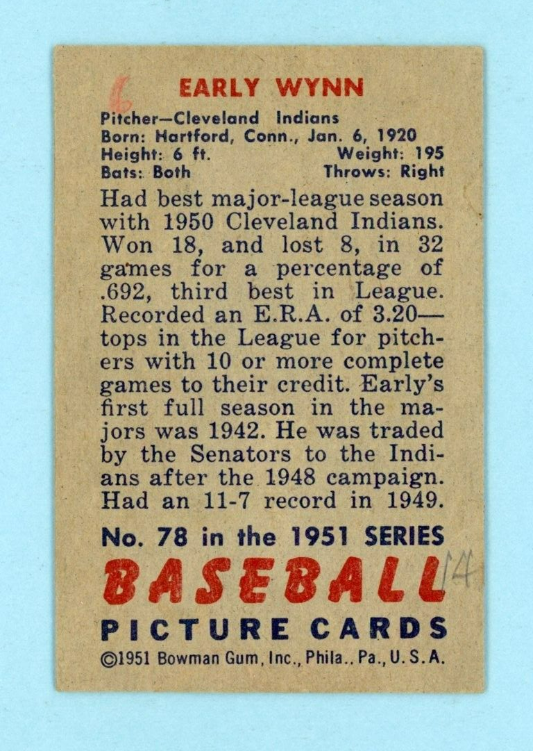 1951 Bowman #78 Early Wynn Cleveland Indians Baseball Card E/E+ ap wc blc mk bk