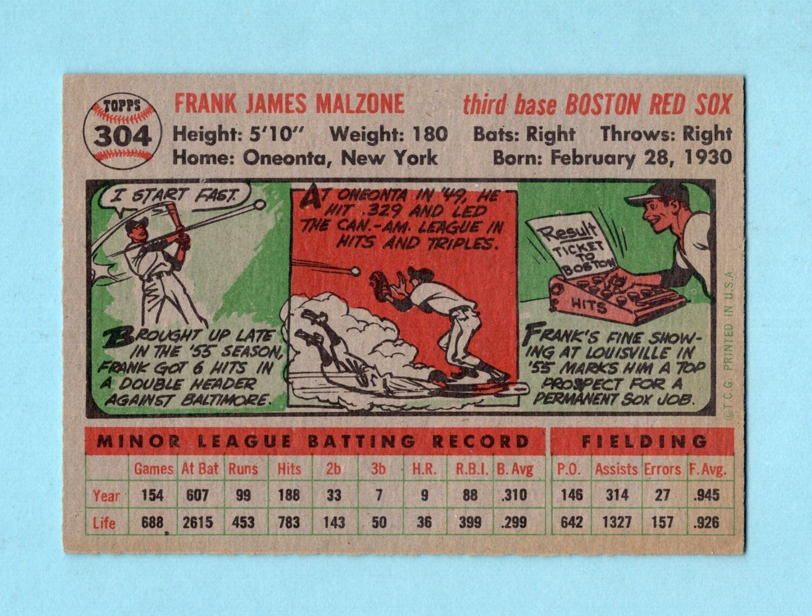 1956 Topps #304 Frank Malzone Boston Red Sox Baseball Card Ex/Mt prt mk