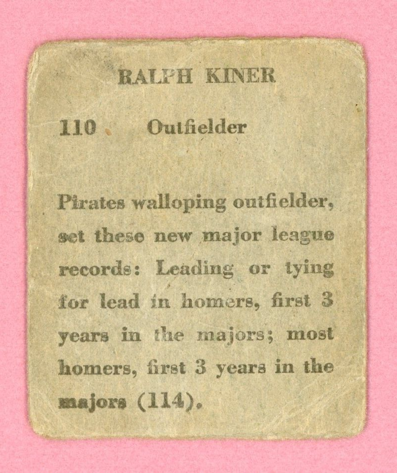 1949 M.P. & Co. #110 Ralph Kiner Pittsburgh Pirates Baseball Card Low Grade