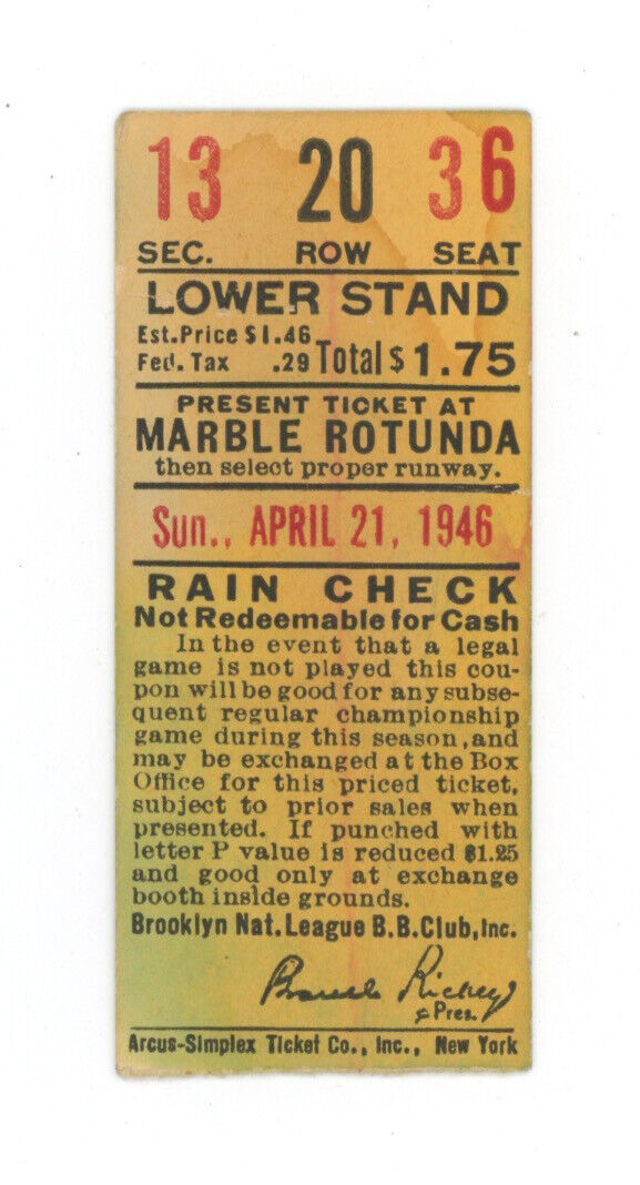 4/21/46 NY Giants vs Brooklyn Dodgers Ticket Stub