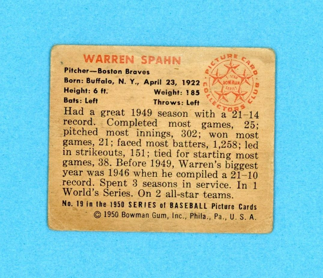 1950 Bowman #19 Warren Spahn Boston Braves Baseball Card Low Grade