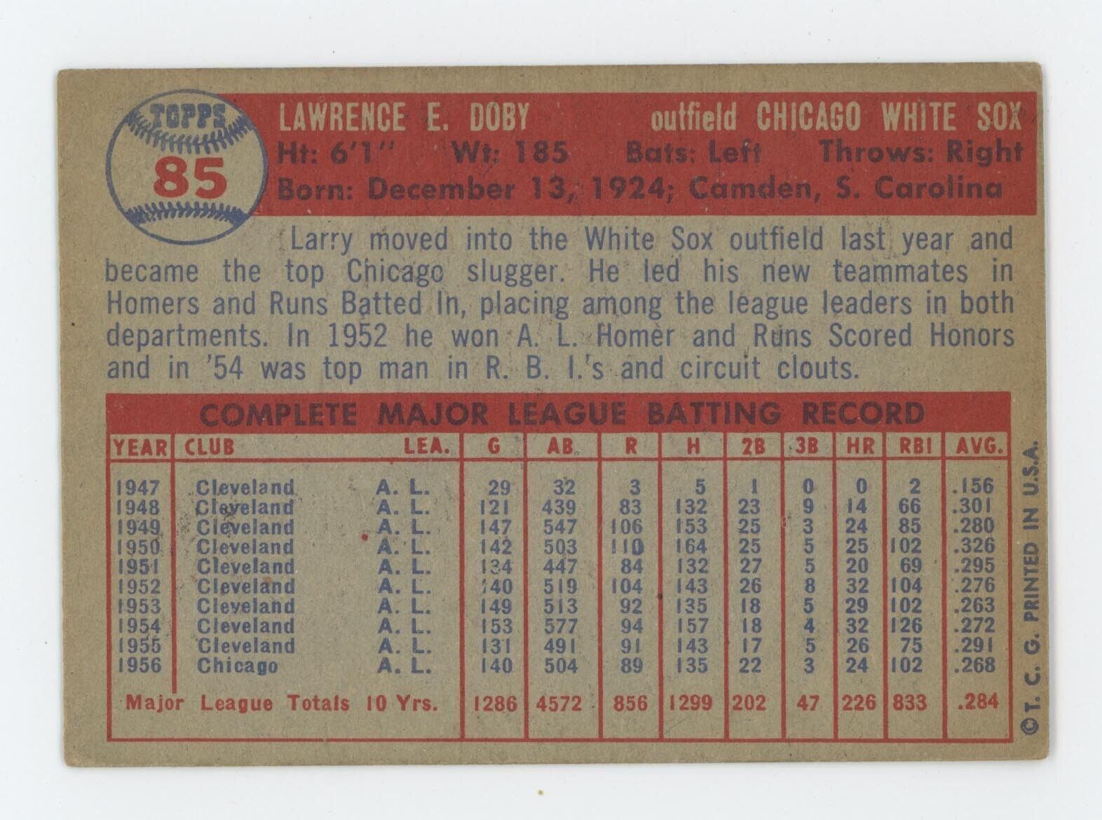 1957 Topps #85 Larry Doby Chicago White Sox Baseball Card EX o/c