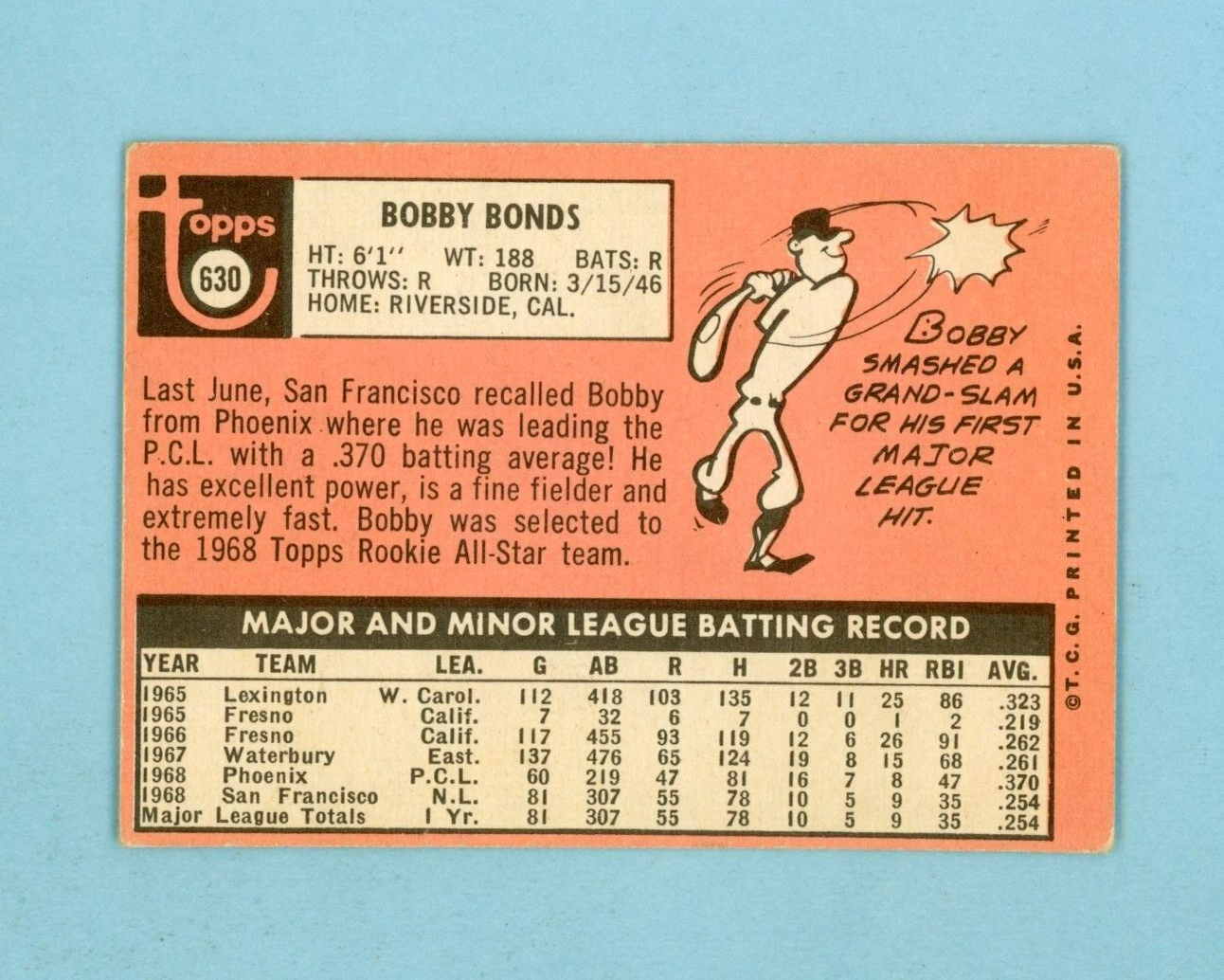 1969 Topps #630 Bobby Bonds San Francisco Giants Rookie Baseball Card V/E ap crs