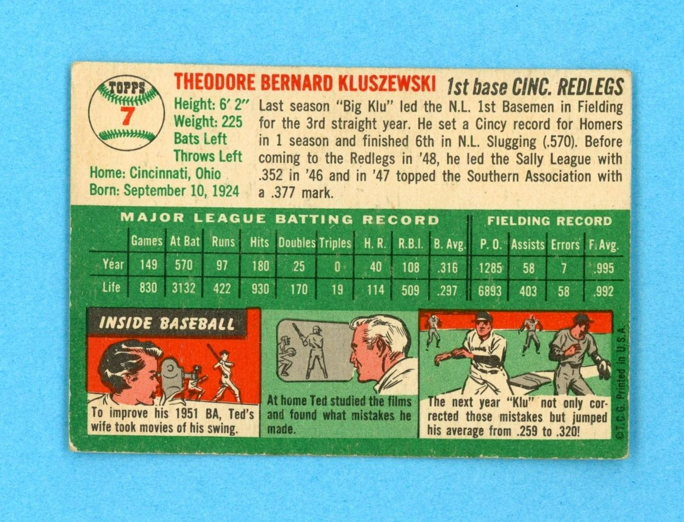 1954 Topps #7 Ted Kluszewski Cincinnati Redlegs Baseball Card EX