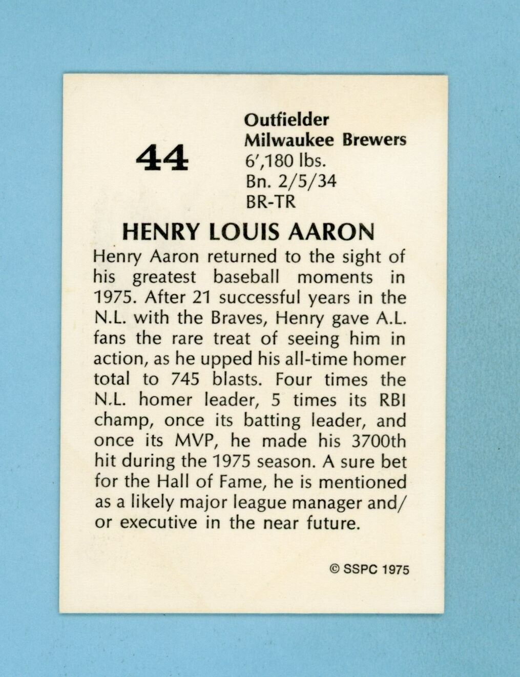 1975 SSPC Sample Hank Aaron Milwaukee Brewers Baseball Card NM lht prt isu