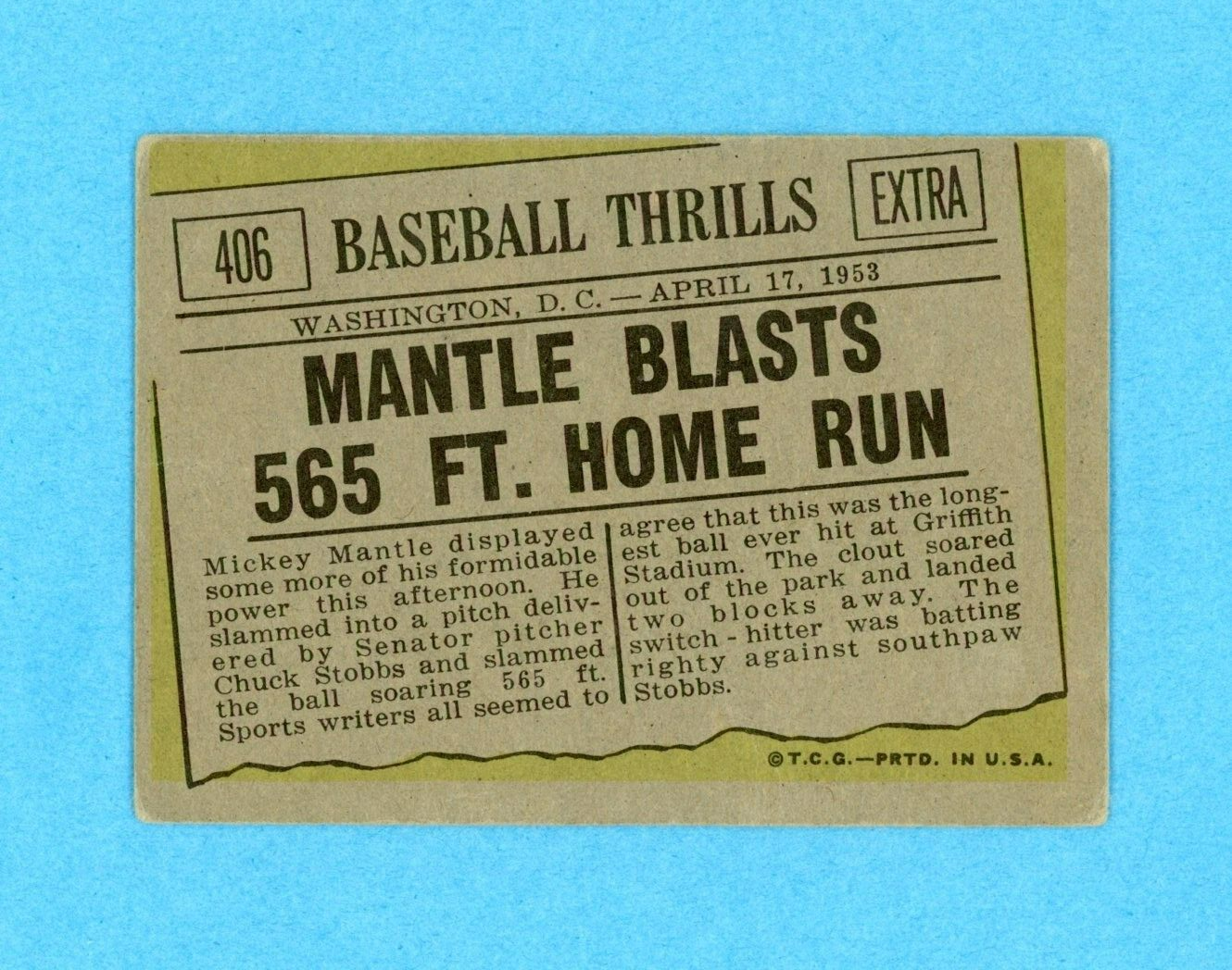 1961 Topps #406 Mickey Mantle Baseball Thrills NY Yankees Baseball Card LG