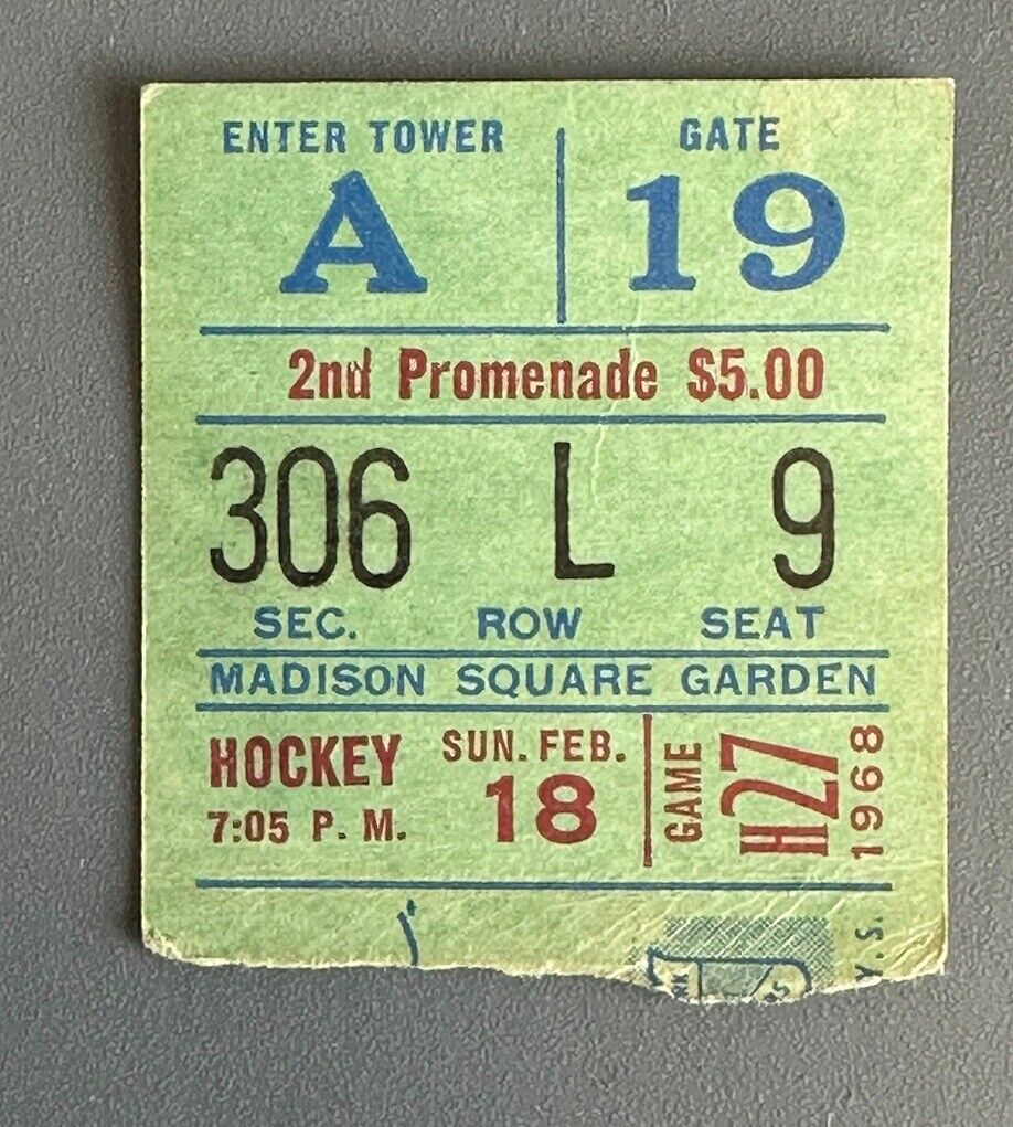 Feb 18, 1968 New York Rangers Ticket Stub vs Flyers - 1st Hockey Game at New MSG