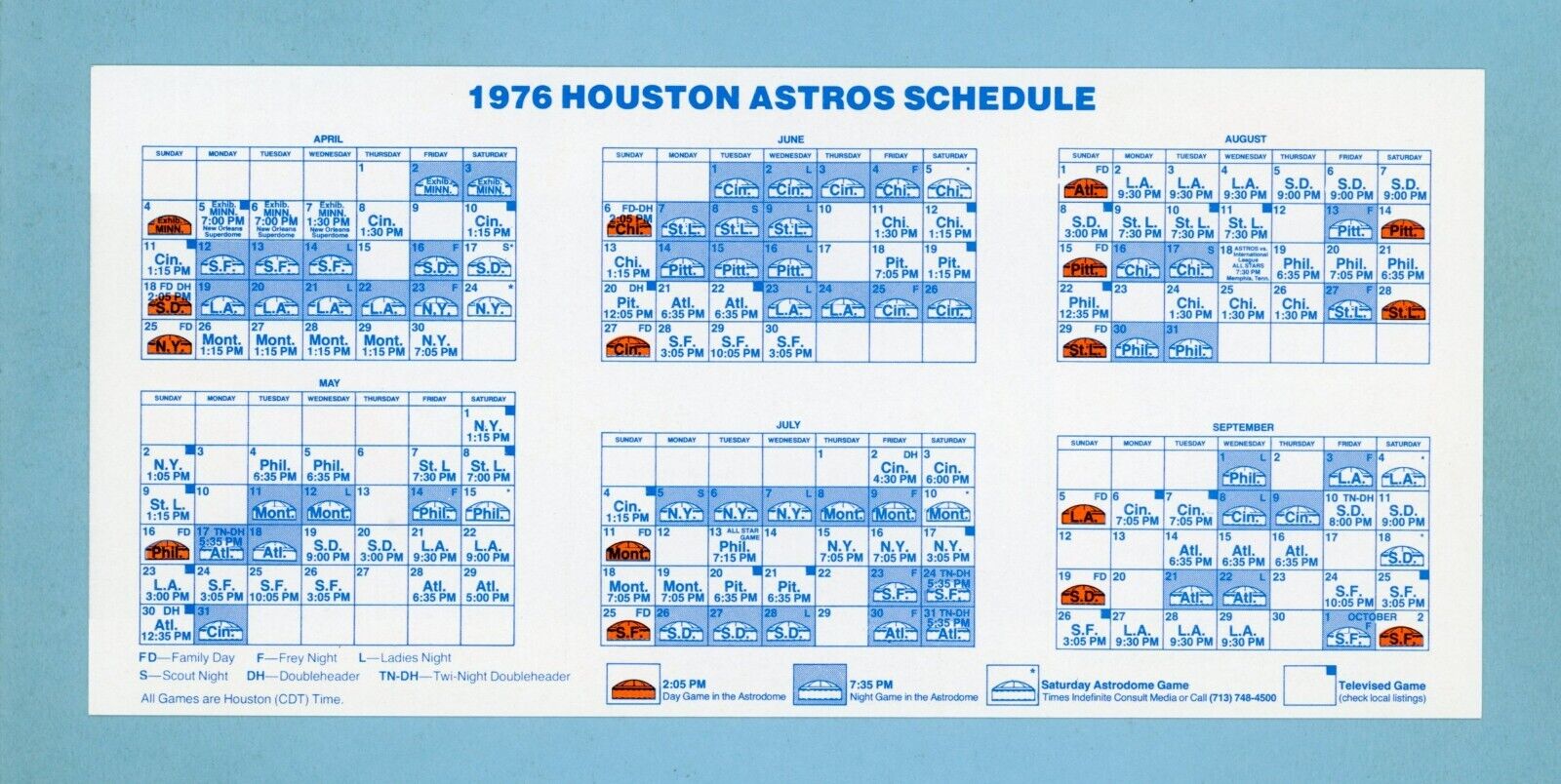 1976 Houston Astros Pocket Schedule Ex/Mt (not folded)