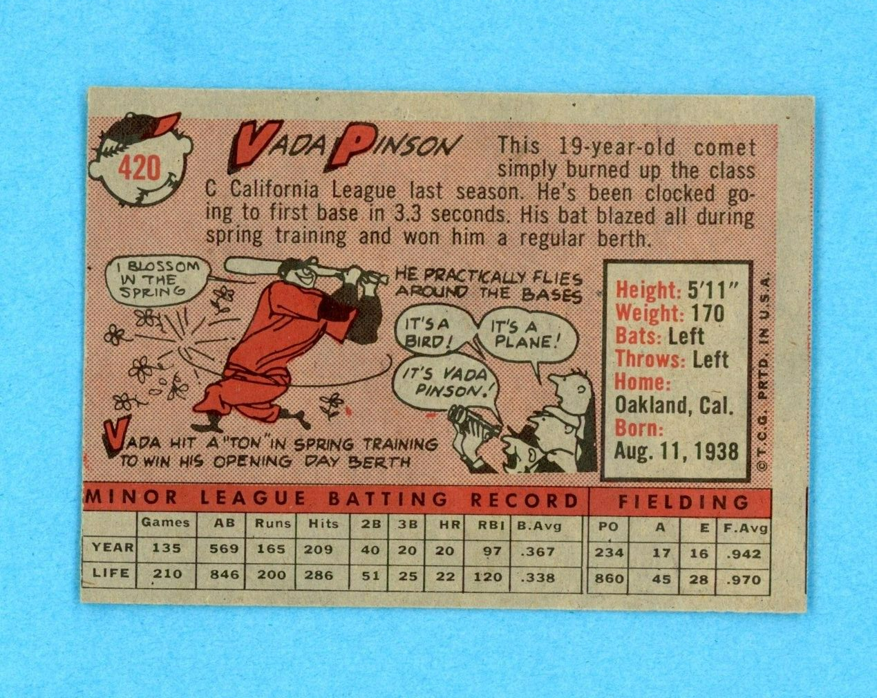 1958 Topps #420 Vada Pinson Cincinnati Redlegs Rookie Baseball Card NM o/c