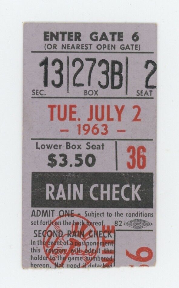 7/2/63  Chicago White Sox vs. New York Yankees Ticket Stub