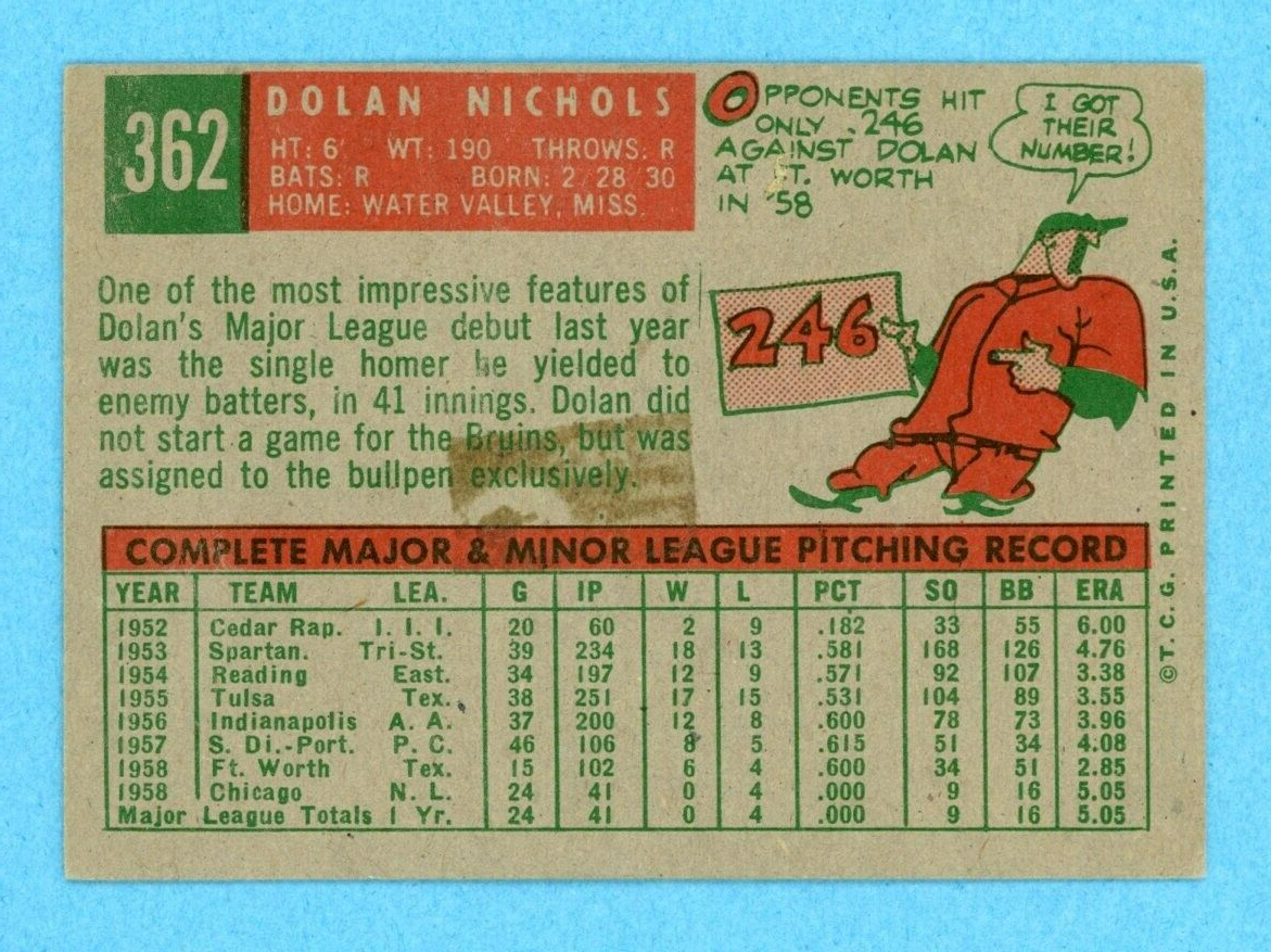 1959 Topps #362 Dolan Nichols Chicago Cubs Baseball Card Ex/Ex+ o/c sta on bk